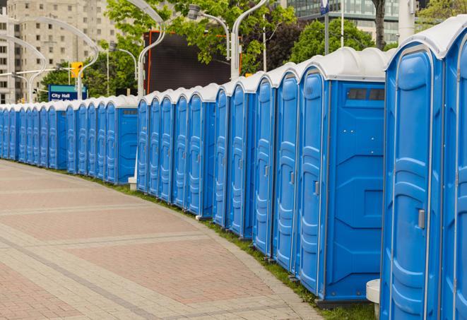 a line of portable restrooms at an outdoor wedding, catering to guests with style and comfort in Mount Cobb, PA